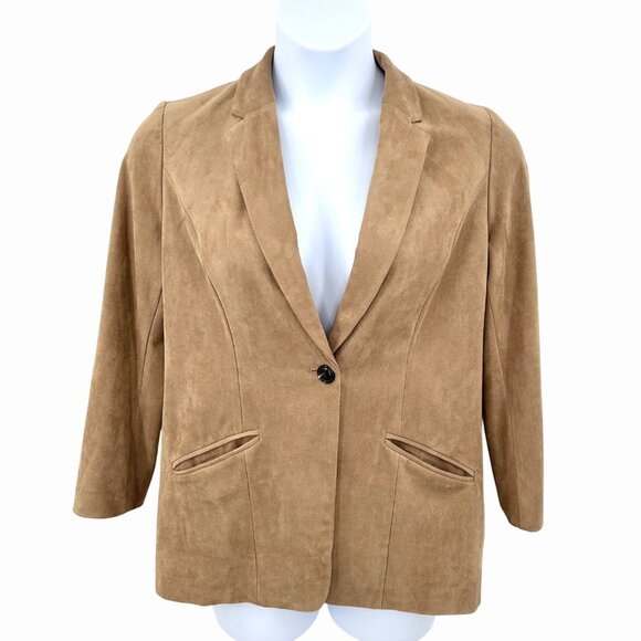 CHICO'S BUTTERY SOFT TAN ULTRA / FAUX SUEDE BLAZER JACKET W/ LEOPARD PRINT - M - Picture 2 of 6